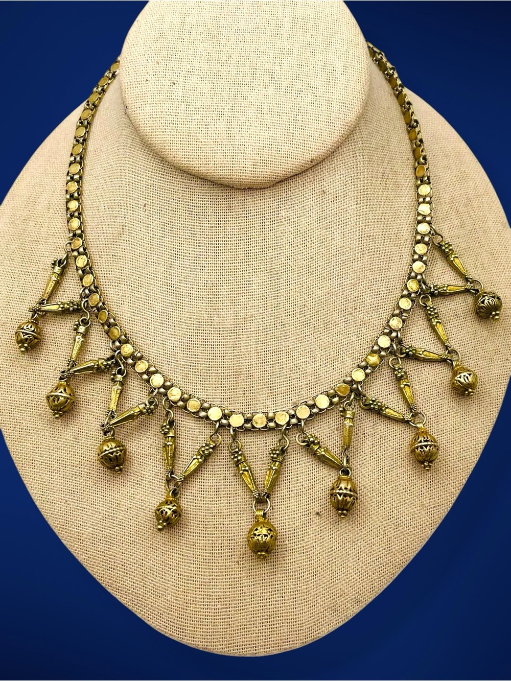 Vintage Ethnic Brass Festoon Bib Necklace Dangle Fringe Drop Statement - Picture 13 of 15